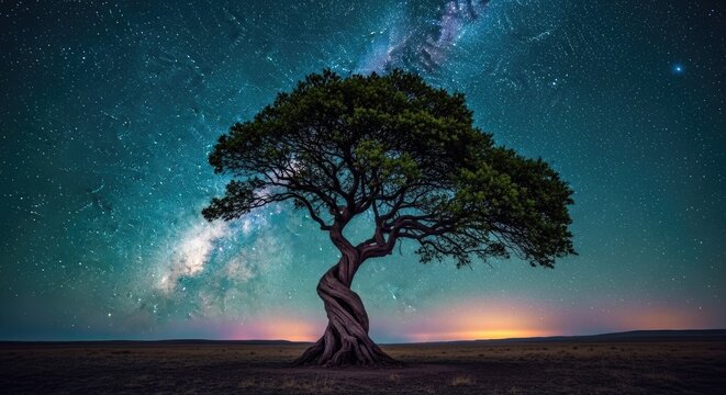 Lone tree silhouette under starry night sky with milky way galaxy background