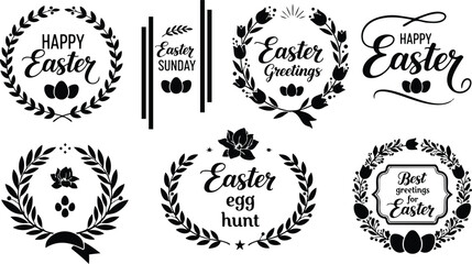 Fototapeta premium Minimalist black laurel wreath vector with egg cluster and tulip accent top view ornamental badge frame for easter greetings with calligraphy lettering and ribbon flourish mockup