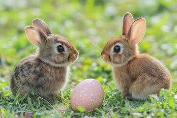 Bunnies meet in a sunny garden with pastel egg