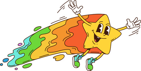 Space shooting star cartoon groovy funny character. Astronomy funky character, cosmos and space groovy isolated vector personage. Galaxy shooting and falling star cheerful happy smiling mascot © Seavector