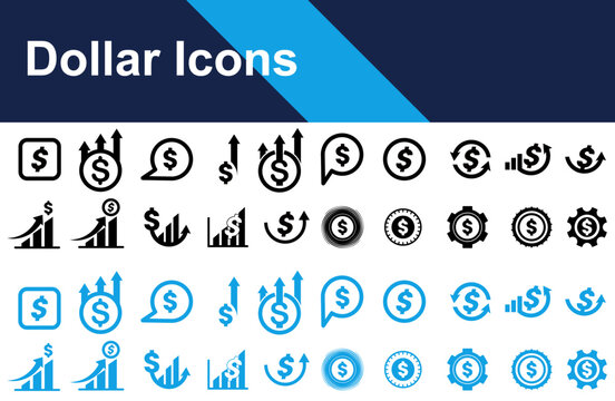 Dollar icon in black and Blue color and Flat style.