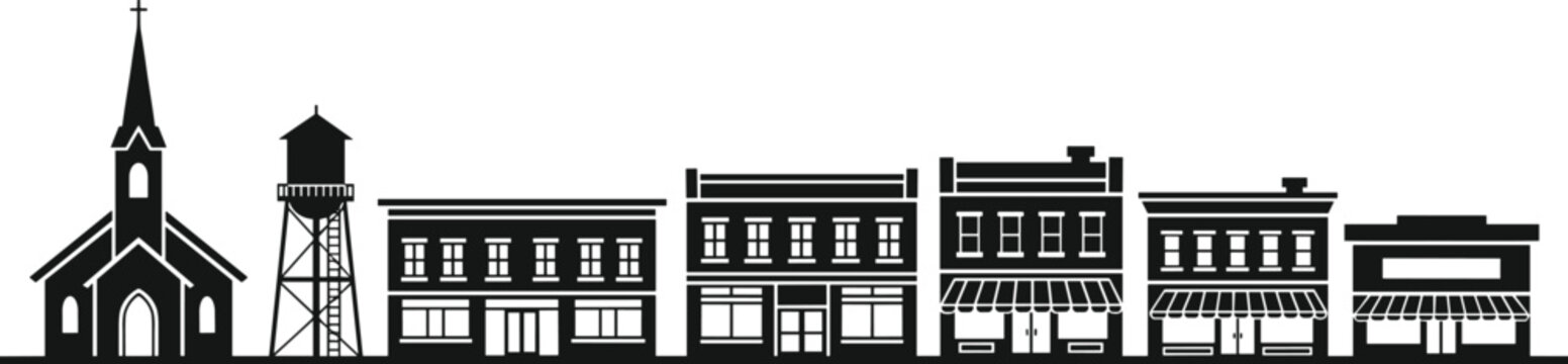 Small Town Main Street Skyline Silhouette Vector Illustration with Church and Water Tower, Historic Downtown Buildings Storefronts Isolated on White Background