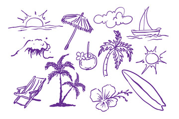 Hand drawn doodle beach and surf vector illustration set. Tropical coastal elements like palm trees, waves, surfboards, and sun perfect for summer designs, t-shirts, posters, and placard prints © Muhammad