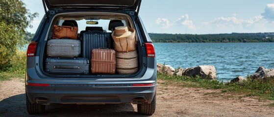 Family adventure with luggage ready by the lake
