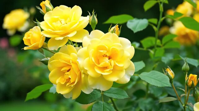 Vibrant yellow roses bloom in a lush garden showcasing their delicate petals and lush green foliage in soft natural light a symbol of friendship and joy.