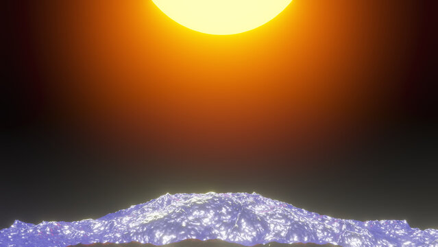 The sun slowly rises over the horizon against the backdrop of a raging ocean. 3D render illustration.