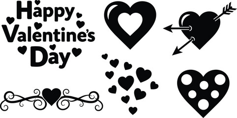 Minimalist icon set flat design smiling heart icons with arrows polka dot cluster and valentines day lettering top view black silhouette ornamental divider scroll decorative hearts