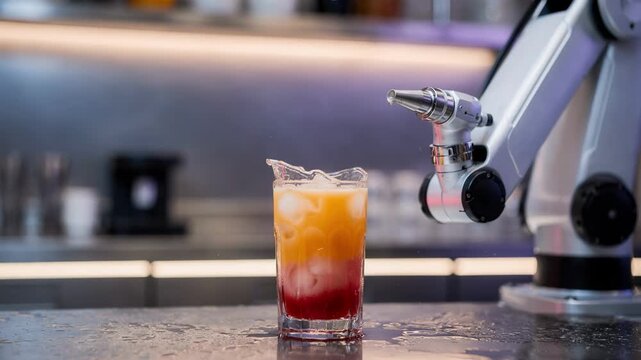 Automated robotic arm dispensing a vibrant mocktail into a glass with precise pouring blurred background highlighting the sleek station environment.