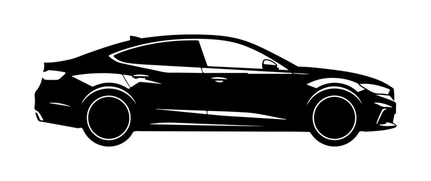 Black car silhouette, modern vehicle icon, side view illustration, automotive graphic