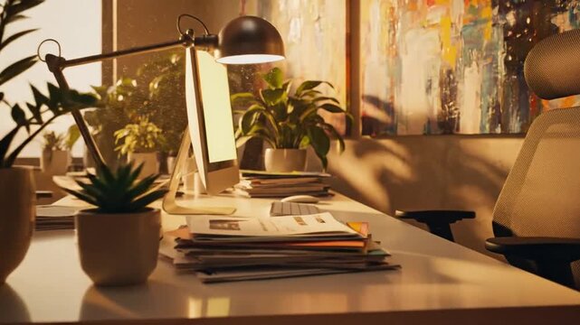 Cozy office corner with warm ambient light, plants, and modern desk setup