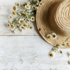 Charming summer hat surrounded by delicate daisies