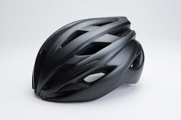 Fototapeta premium modern matte black bicycle helmet placed on clean white studio background, minimalistic product photography, soft diffused lighting, subtle shadow, centered composition.