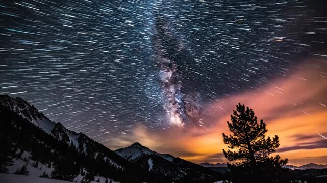 Epic night sky time lapse of the milky way with mountains and tree silhouettes