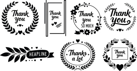 Fototapeta premium Minimalist black and white wreath thank you badge set with vintage laurel frames floral elements heart icons various circular layouts vector art flat design close up