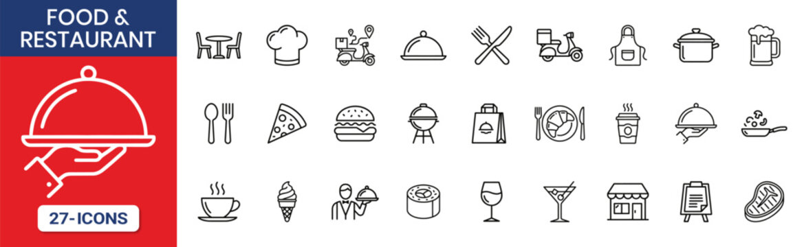 Food Restaurant Thin Line Icon Set