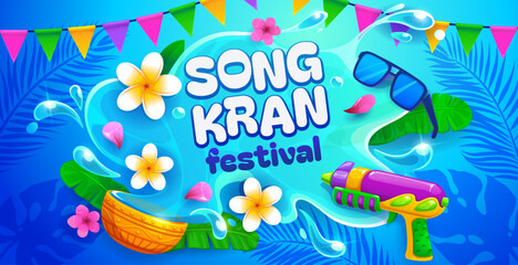 Obraz premium Songkran Thai holiday festival cartoon vector poster featuring water guns, splashes, sunglasses, tropical flowers, palm tree leaves and festive flag garland for joyful cultural Thailand Songkran event