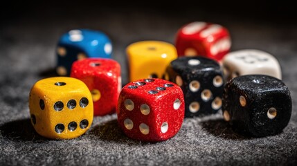 Colorful Assortment of Casino Dice with Visible Numbers Scattered on a Textured Surface