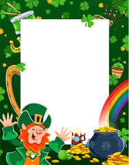 Happy St Patrick's Day poster with empty background for Irish holiday, vector greeting card. Funny leprechaun character with gold coins pot and rainbow, horseshoe and beer pint on Saint Patrick poster © Seavector