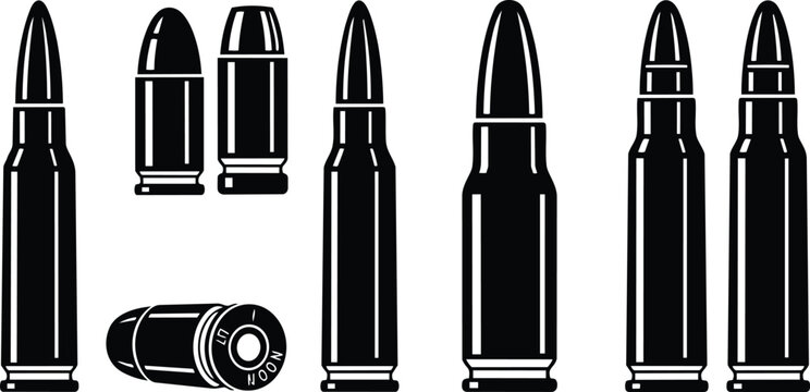 Minimalist vector art close up row of rifle and pistol bullets and cartridges arranged flat on white background high contrast side view detailed headstamp visible
