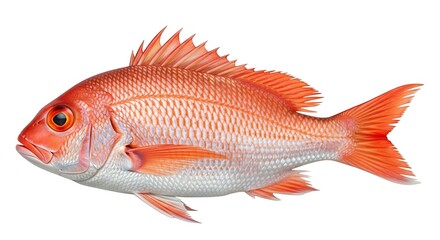 Vibrant orange red fish with detailed scales and fins against white background