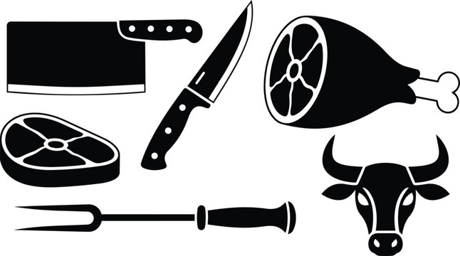 Minimalist black silhouette butcher icons close up showing cleaver carving knife steak ham carving fork and bull head on white background flat vector isolated simple layout