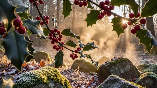 Cozy rustic cabin tucked among snow dusted pines at sunrise