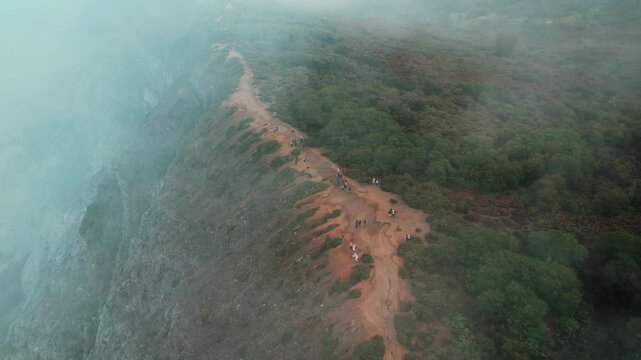 Aerial view of foggy ridge trail to Ijen volcano Java, Indonesia