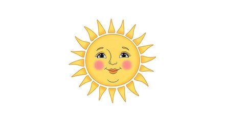 Smiling sun character with bright yellow rays and rosy cheeks on white background