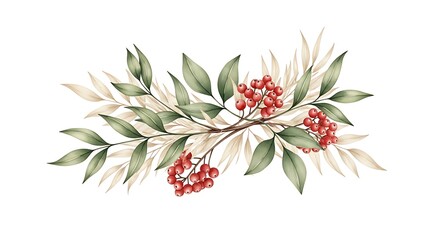 Serene branch with lush green leaves and vibrant red berries