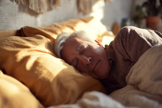 senior man sleeping peacefully on bed with soft pillows, warm morning light, cozy bedroom.
