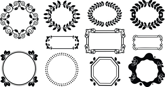 Flat design black silhouette ornamental vector wreath and decorative frames set with laurel circle vintage corner labels hexagon badge and dotted border on white background elegant