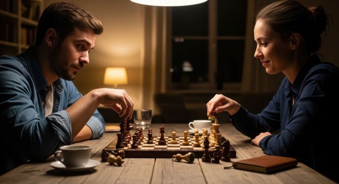 A couple thoughtfully plays chess indoors at night, lit by soft lamplight