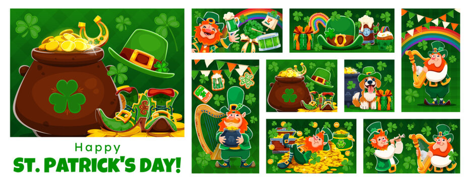 Happy Saint Patrick's Day holiday characters festive collage with shamrocks, cartoon vector. Funny leprechaun characters with gold coins, Ireland flag and lucky horseshoe for St Patrick greetings