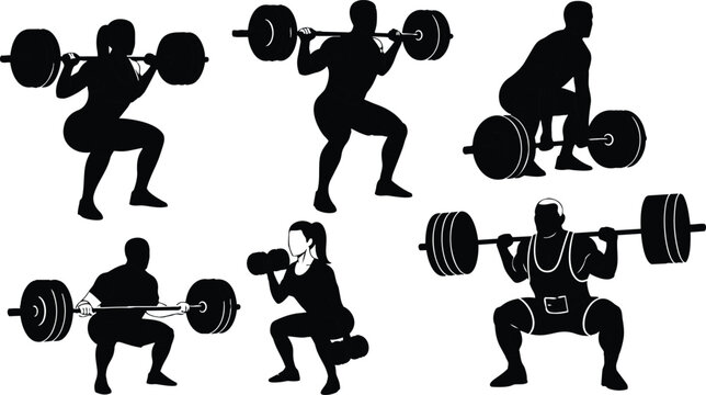 Minimalist vector silhouettes low angle weightlifters performing back squat and deadlift multiple poses with barbells close up gym scene strong athletic figures front profile