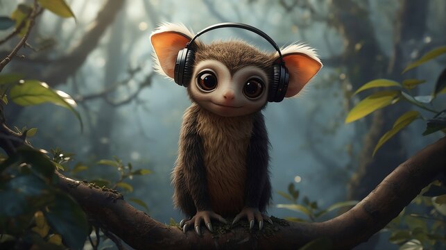 Adorable Tarsius Character Wearing Headphones in Enchanted Forest, Cinematic 3D Render.