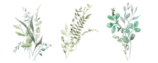 Fototapeta premium Watercolor greenery foliage bouquets set, floral green clip art
