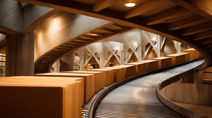 Curved conveyor belt with boxes in structure