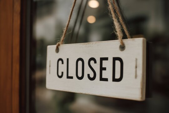 A white closed sign hangs on a glass door with a rope.