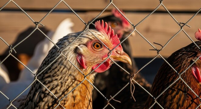 Close up of chickens behind wire fence agricultural concept daylight