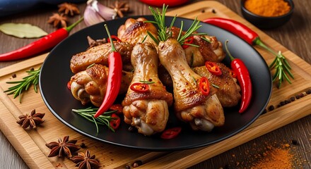 Savoring the flavor of delicious chicken drumsticks with fresh herbs and spices on a rustic wooden board