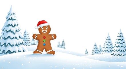 Gingerbread man standing in snowy landscape with snow covered pine trees
