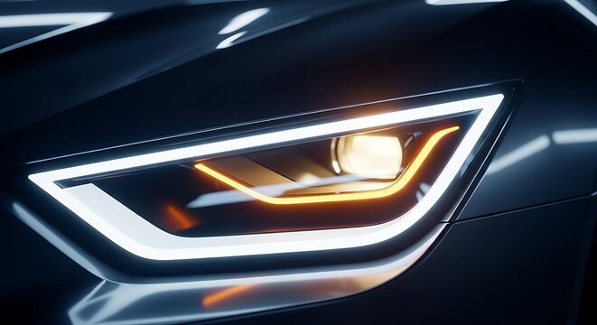 Close up of a modern car's illuminated headlight with sleek design and sharp angles on a dark vehicle