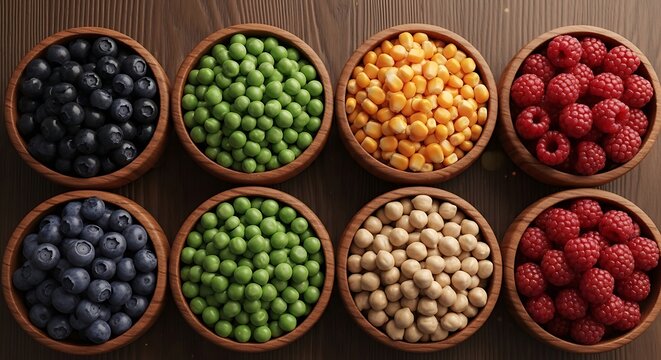 Assorted bowls of fresh blueberries peas corn raspberries and chickpeas on a wooden surface