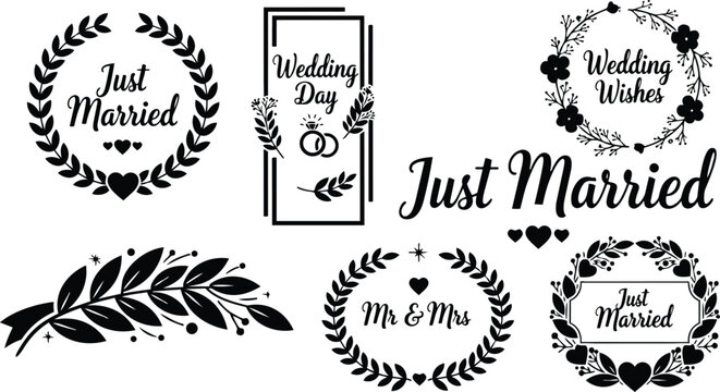 Vintage laurel wedding badge set featuring just married and mr and mrs wreath seals in black flat vector art close up ornamental frames and floral elements