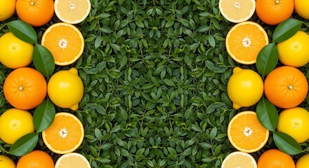 Fresh citrus fruits surrounding lush green leaves creating a beautiful frame for your design needs