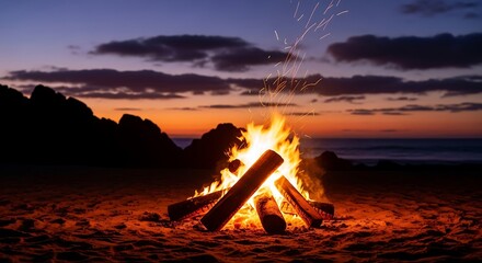 Peaceful evening bonfire on the beach with sparkling embers and vibrant sky