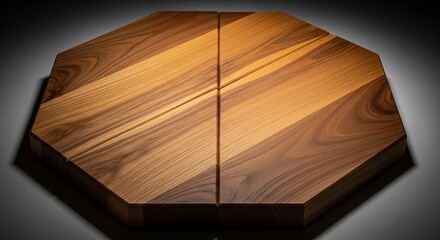 Beautifully crafted octagonal wooden table top with rich grain patterns and dark brown hues