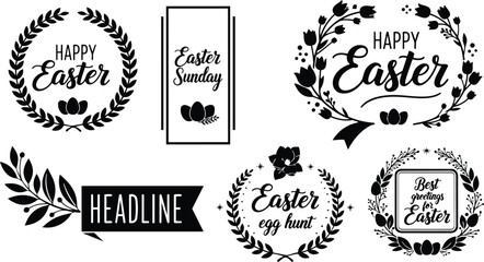 Fototapeta premium Minimalist vector wreath close up with floral branches and three eggs happy easter lettering in circular badge set with laurel frames black flat simple elegant silhouette