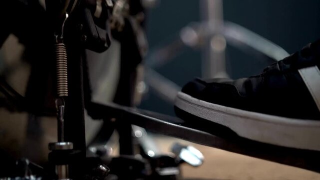 person energetically hit on the plates drum Closeup View with Neon Lighting Atmosphere Blue stage lighting Drummer with drums while performing HD