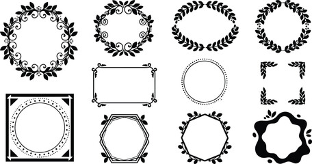 Obraz premium Minimalist black wreath and ornamental frames set close up top view twelve circular and polygonal decorative vector borders arranged on white background flat design elegant modern